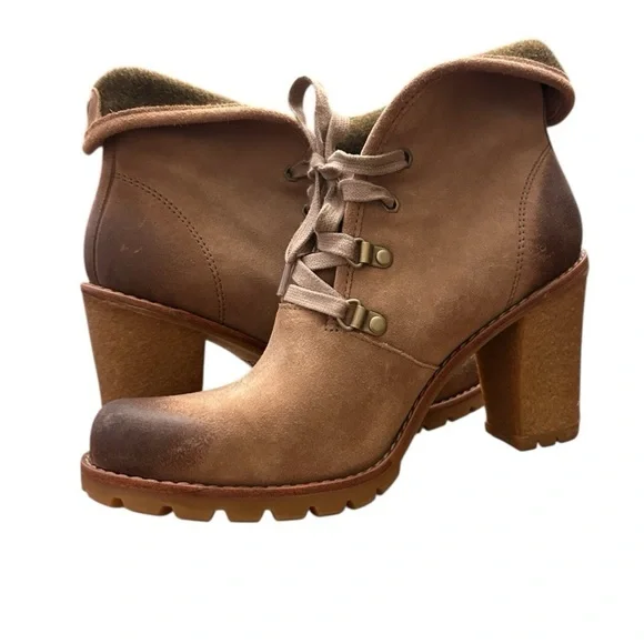UGG Tan Heeled Lace Up Ankle Boots with Chunky Heel Rugged Sole Lined Size 8.5 - Picture 4 of 15